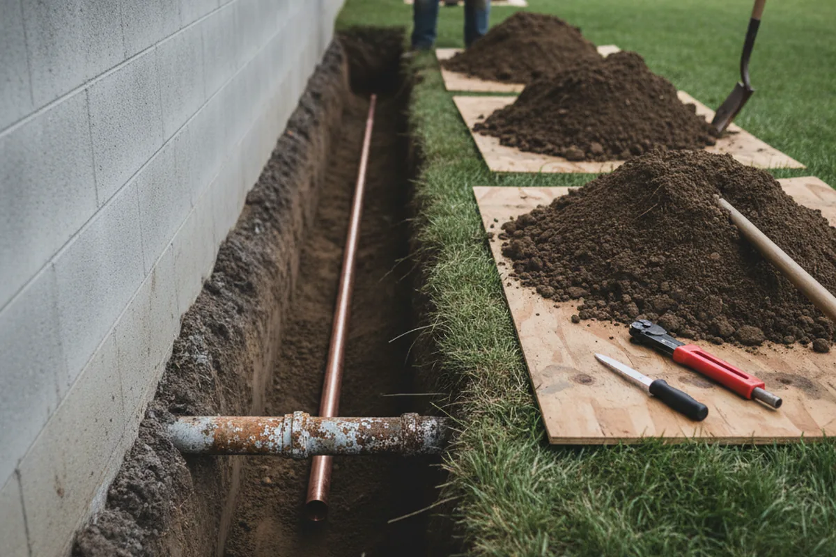 Excavated water line trench during Sewer Line Repair in Fall Branch